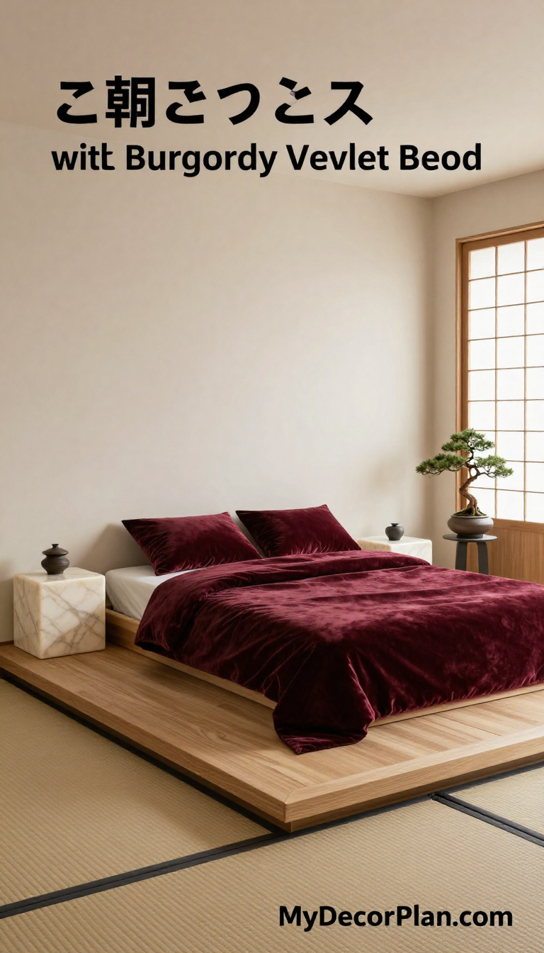 Japanese Zen Bedroom with Burgundy Velvet Platform Bed and Cream Marble Nightstands - Bedroom - The House Ideas