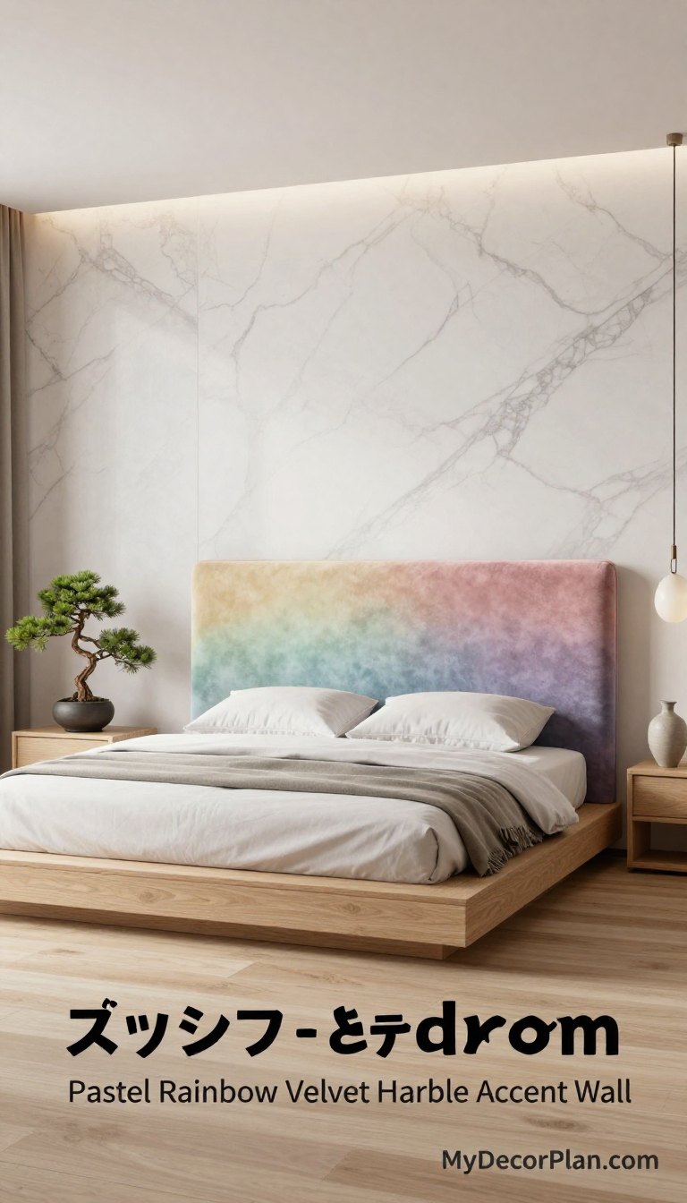 Japanese Zen Bedroom with Pastel Rainbow Velvet Headboard and Marble Accent Wall - Bedroom - The House Ideas