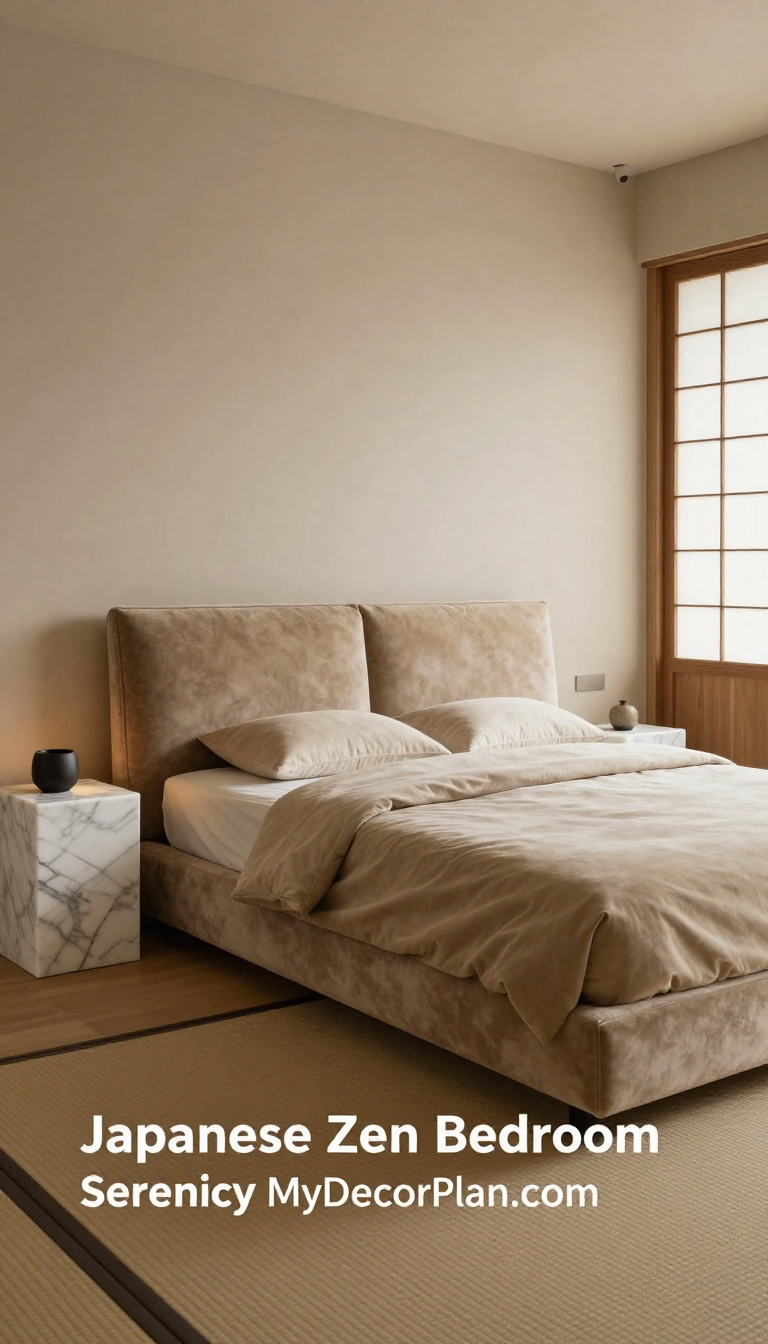 Japanese Zen Bedroom with Warm Taupe Velvet Bed and Marble Nightstands - Bedroom - The House Ideas