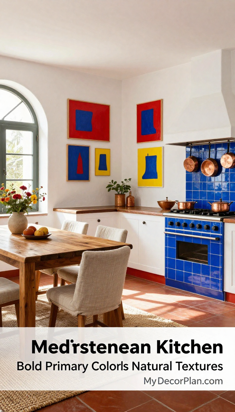 Mediterranean Kitchen with Bold Primary Color Gallery Wall and Jute Linen Accents - Kitchen - The House Ideas