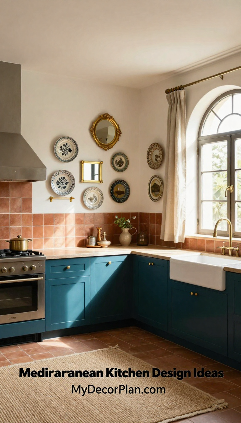 Mediterranean Kitchen with Deep Teal Cabinets and Brass Gallery Wall Display - Kitchen - The House Ideas