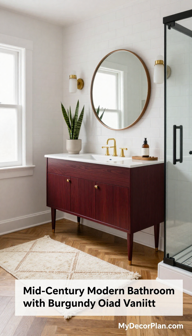 Mid-Century Modern Bathroom with Burgundy Oak Vanity and Cream Wool Accents - Bathroom - The House Ideas