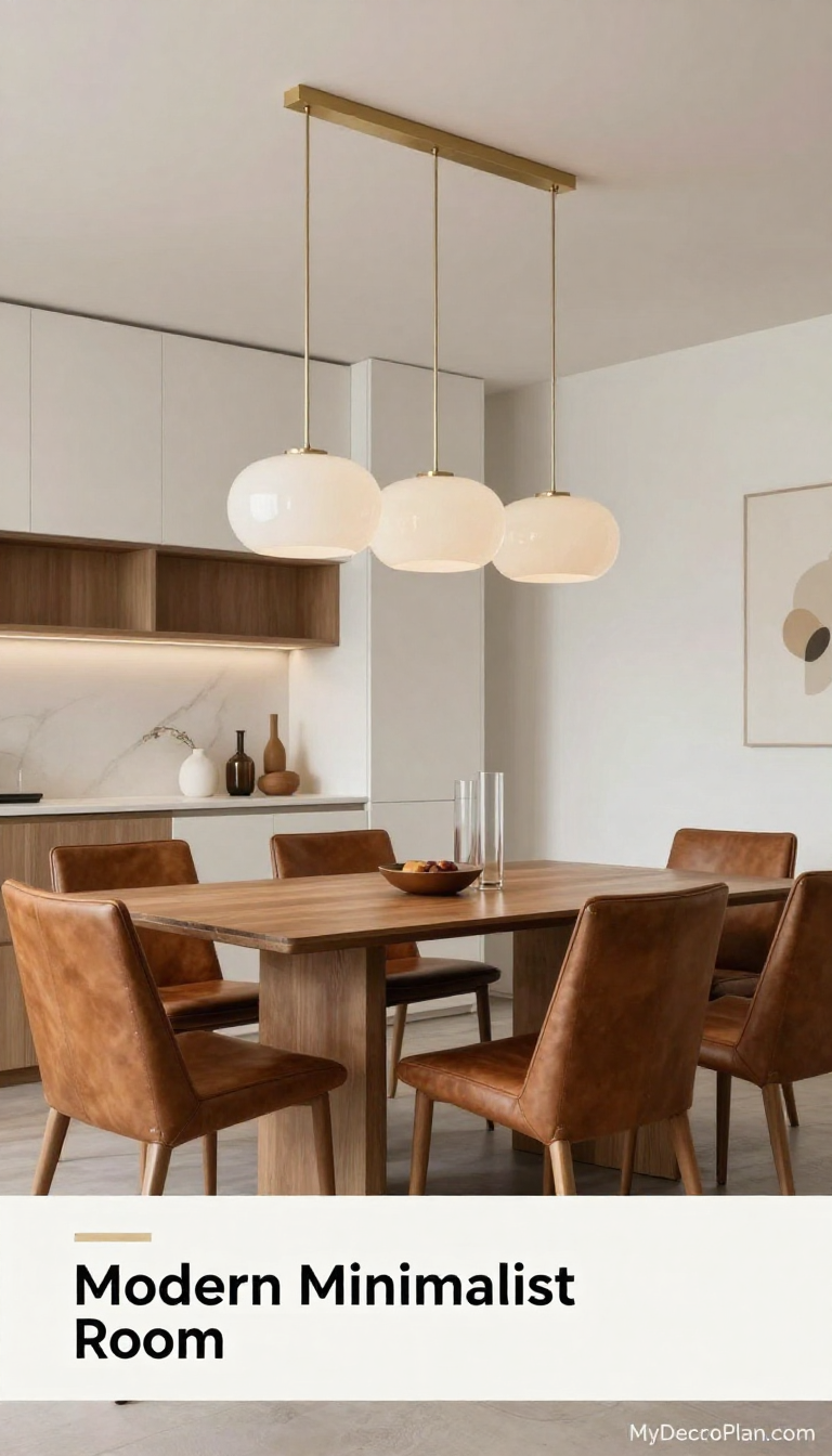 Modern Minimalist Dining Room with Warm Brown Leather Chairs and Ivory Glass Pendant Lights - Dining Room - The House Ideas