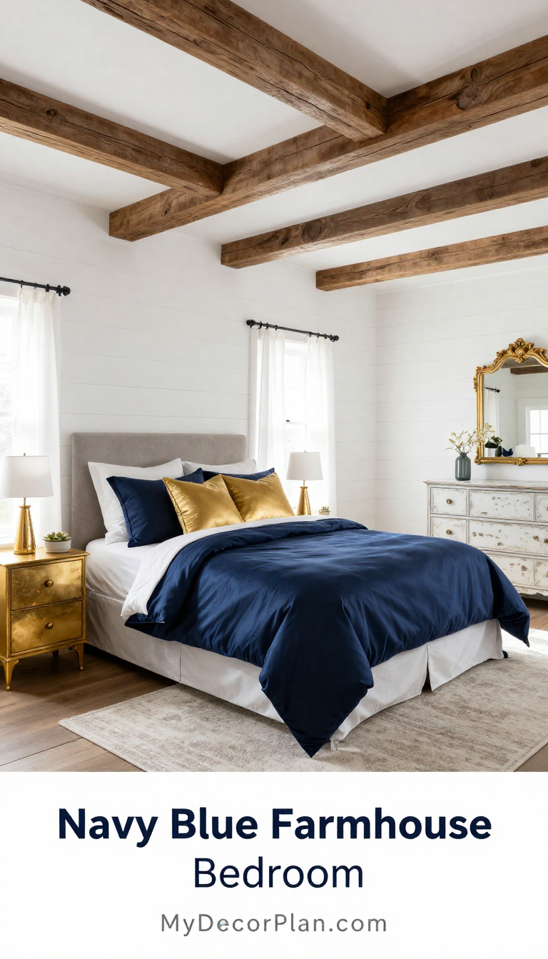 Navy Blue Farmhouse Bedroom with Gold Lacquer Nightstands and Silk Bedding - Bedroom - The House Ideas