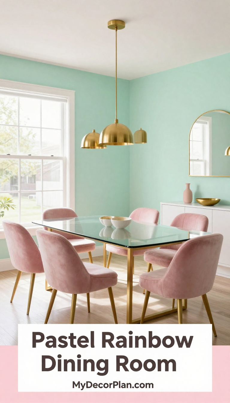 Pastel Rainbow Dining Room with Brass Pendant Lights and Glass Dining Table - Dining Room - The House Ideas