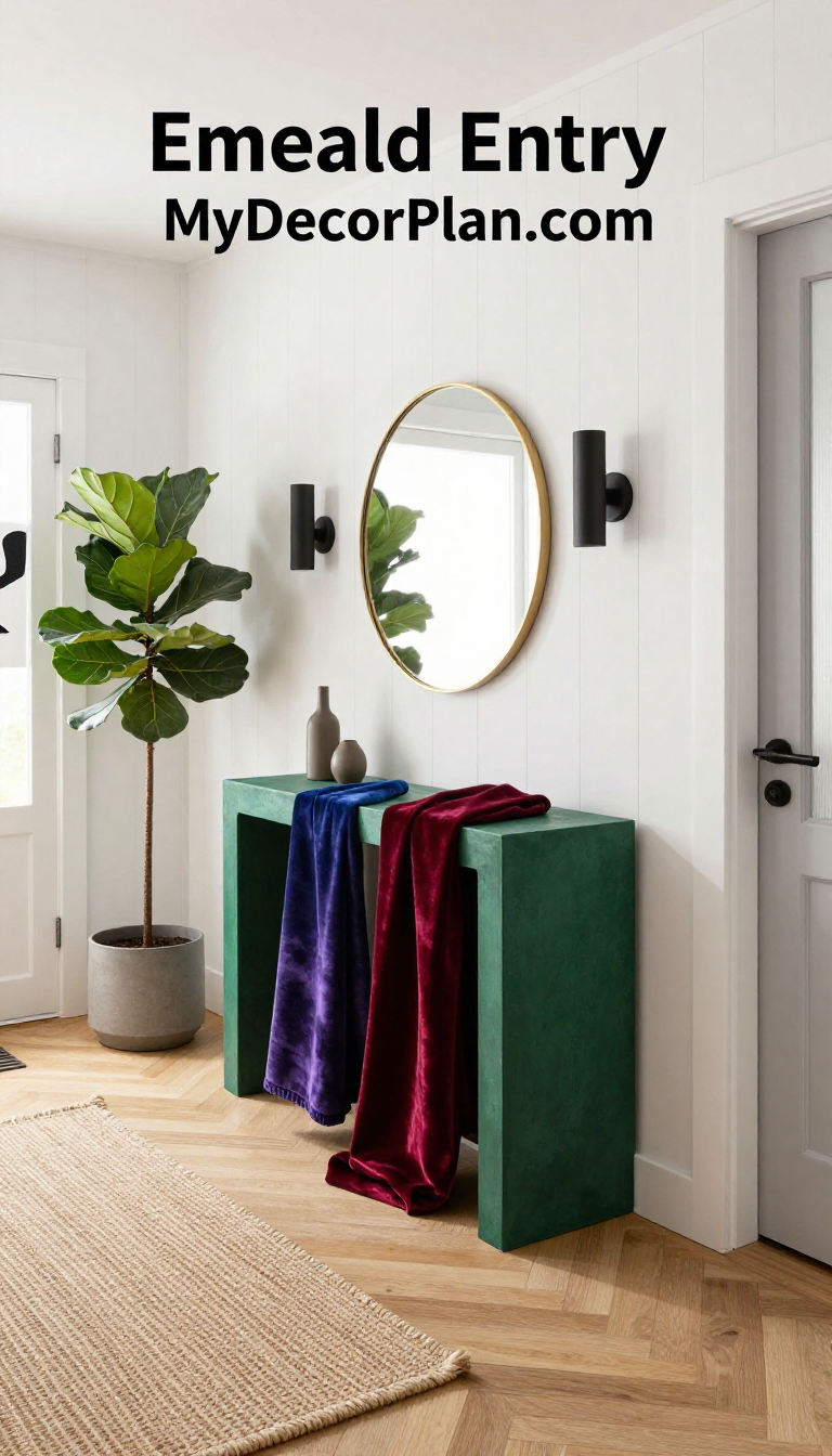 Scandinavian Entryway with Emerald Green Concrete Console and Velvet Textiles - Entryway - The House Ideas