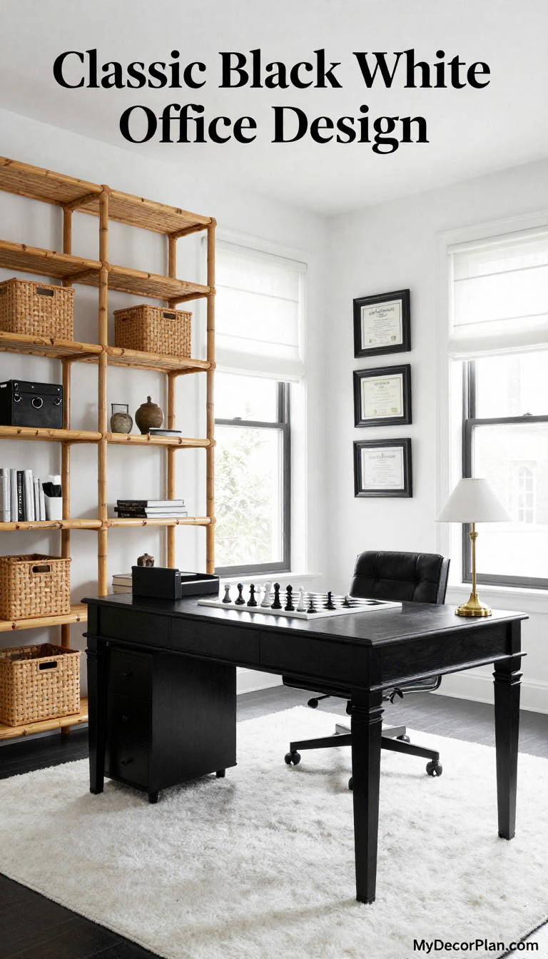Traditional Black & White Home Office with Bamboo Shelving and Cotton Textured Accents - Home Office - The House Ideas