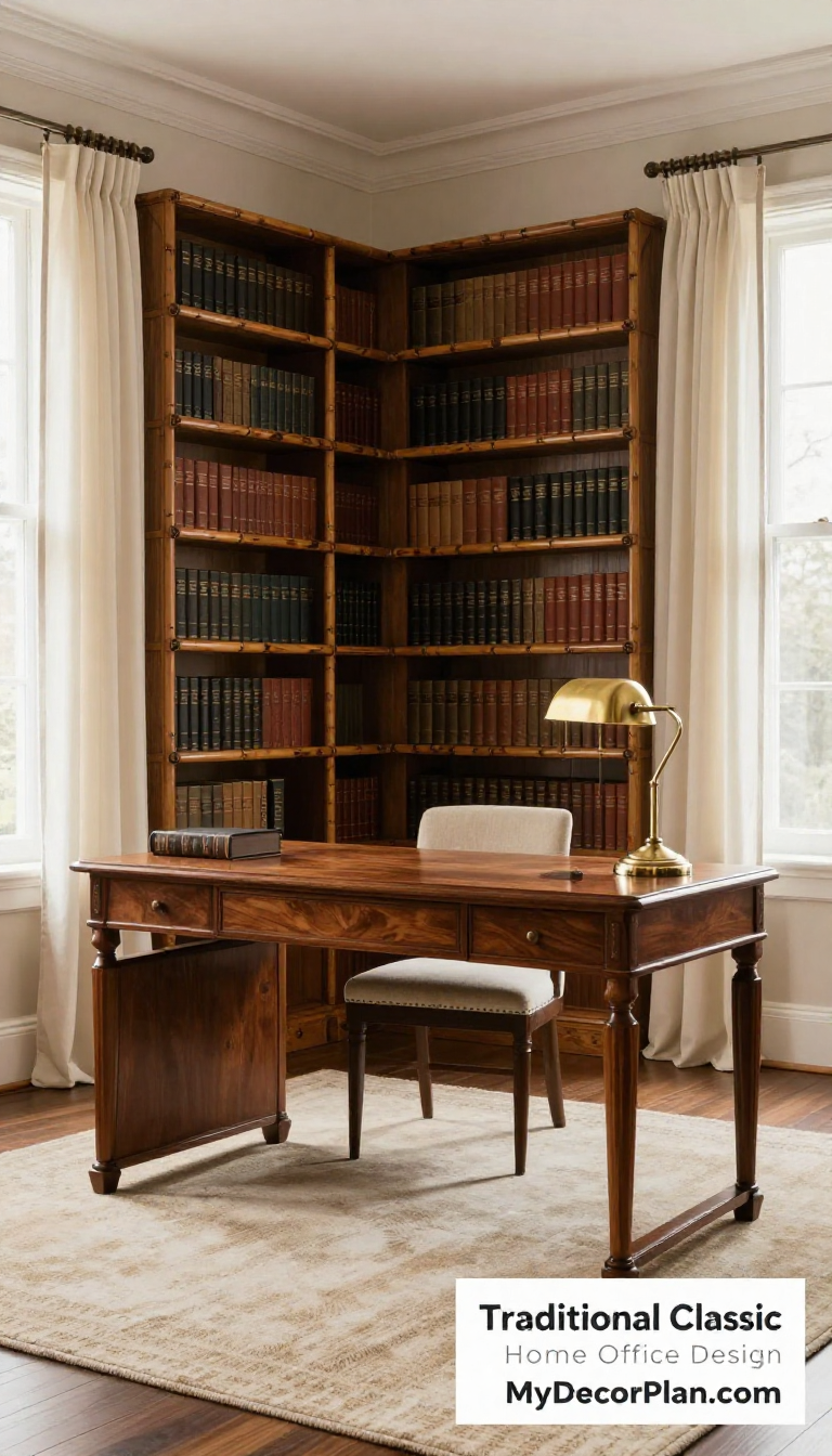 Traditional Classic Home Office in Neutral Beige with Bamboo Shelving and Cream Cotton Accents - Home Office - The House Ideas