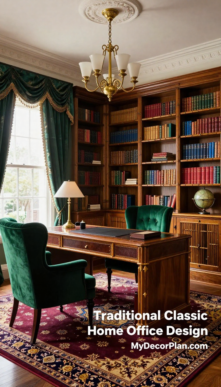 Traditional Classic Home Office with Emerald Green Velvet Chairs and Bamboo Built-in Shelving - Home Office - The House Ideas