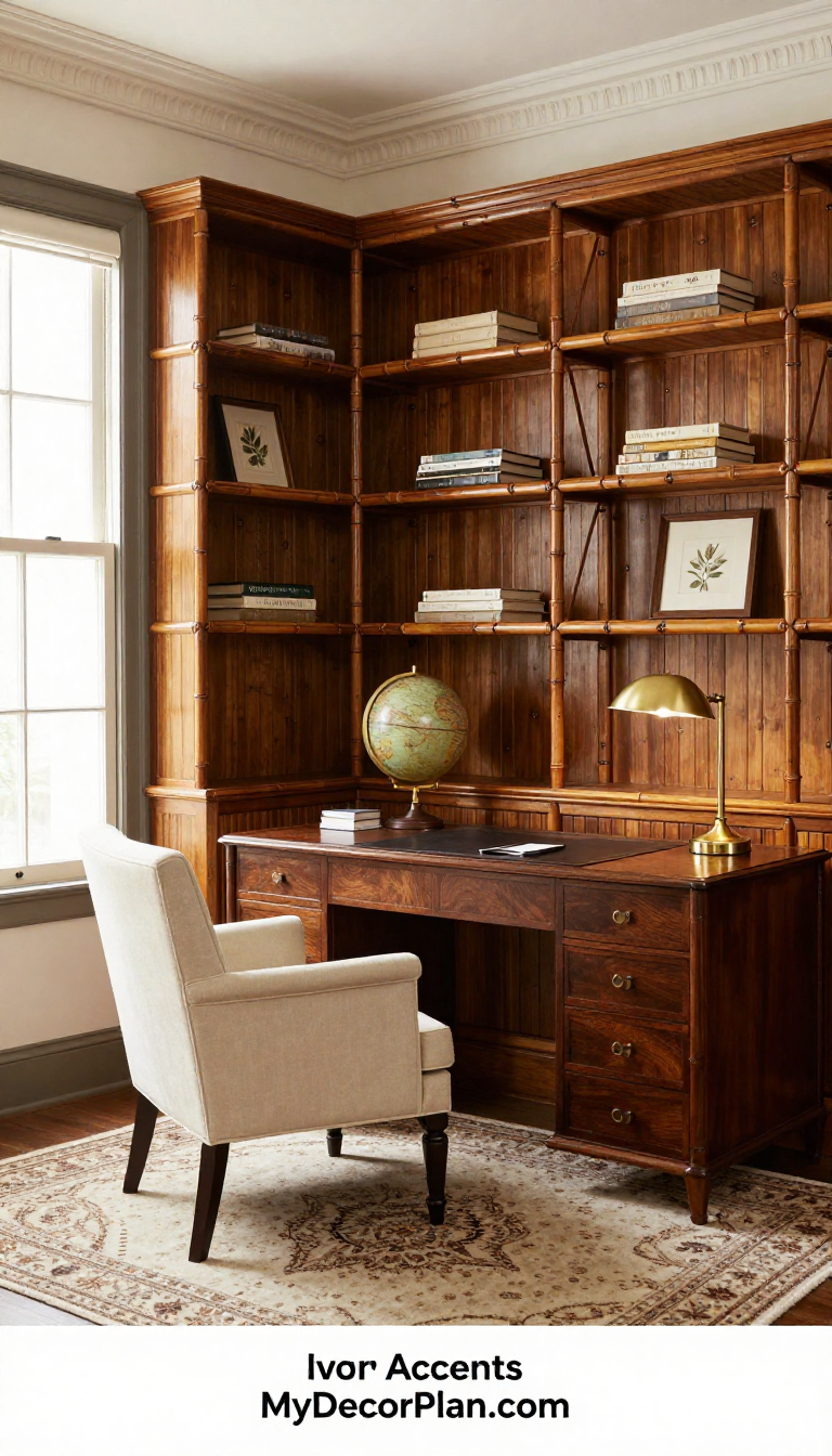 Traditional Classic Home Office with Warm Brown Bamboo Shelving and Ivory Cotton Accents - Home Office - The House Ideas